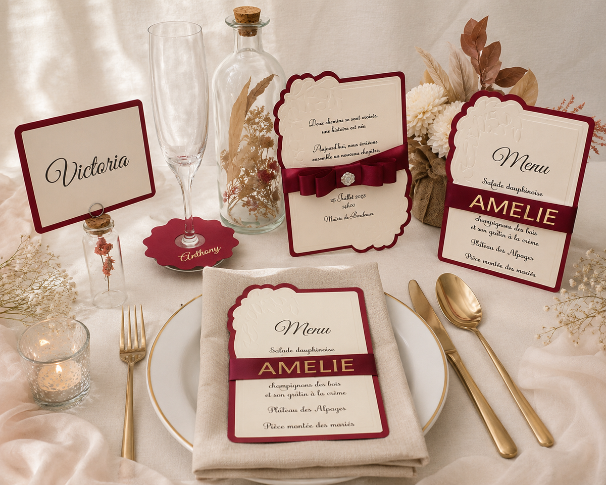 Faire-part mariage élégant gaufré bordeaux et crème – papeterie sur-mesure MinnaCréa