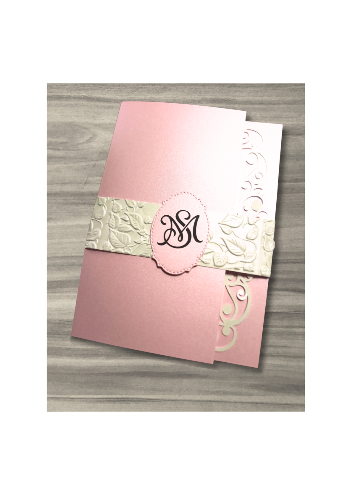 Faire-part Mariage Rose Poudré Romantique | Pochette Dentelle & Gaufrage | Papeterie Mariage Élégante