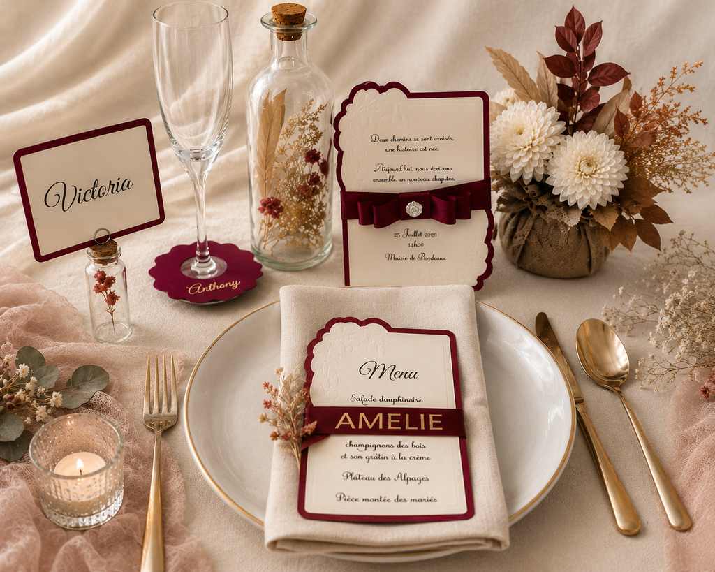 Faire-part de Mariage Élégant – Bordeaux & Crème Gaufré avec Nœud Satin