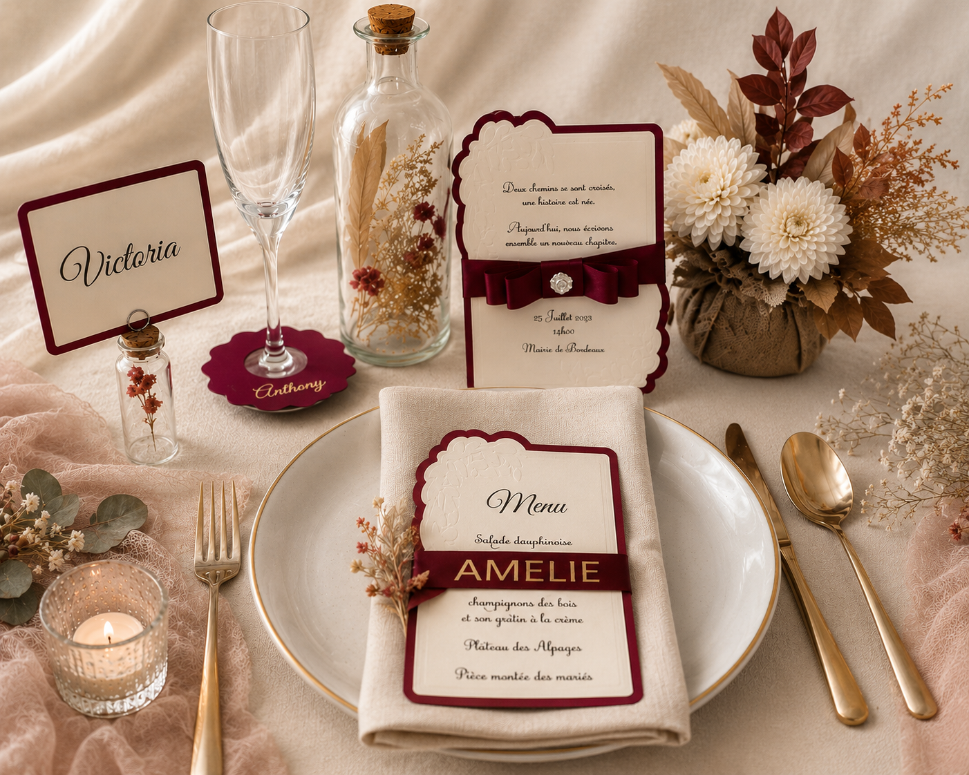Faire-part de Mariage Élégant – Bordeaux & Crème Gaufré avec Nœud Satin