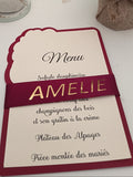 Menu de Mariage Élégant – Bordeaux & Crème, Gaufrage Floral et Bandeau Personnalisé