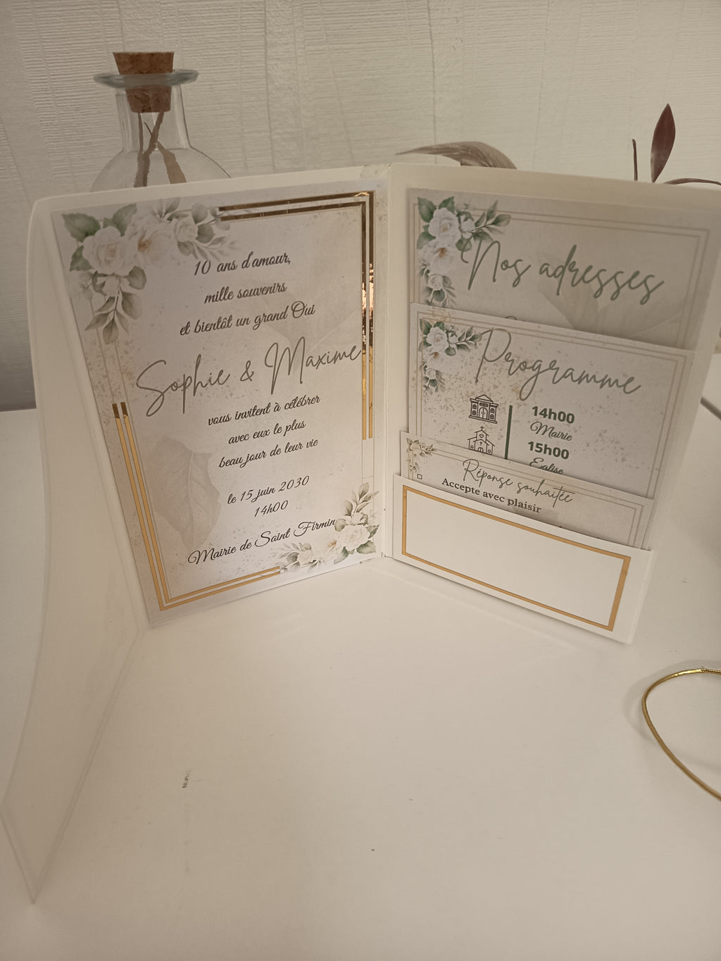 Faire-part Pochette 3 Volets "Romance Ivoire & Or" – Sur-mesure