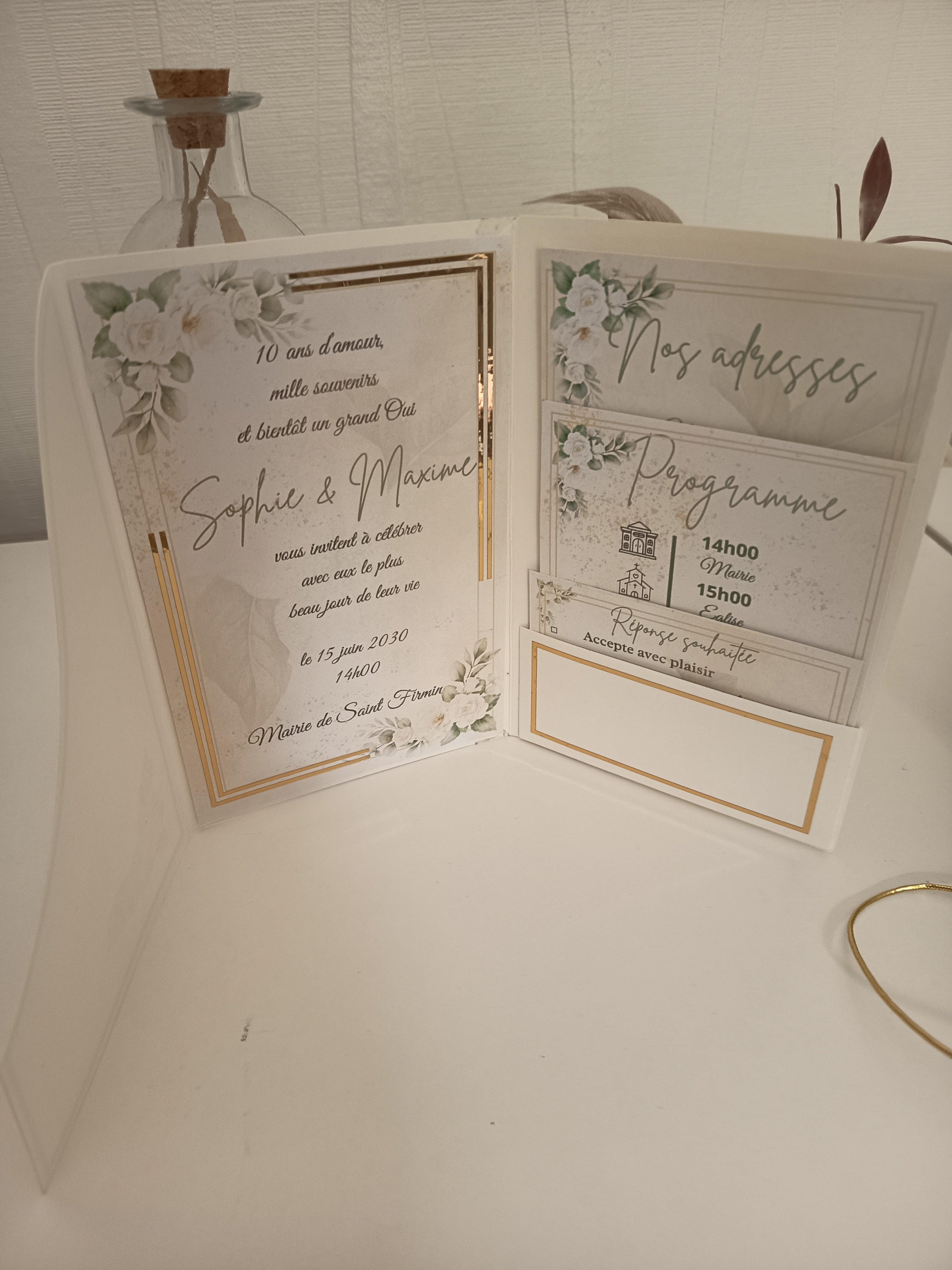 Faire-part Pochette 3 Volets "Romance Ivoire & Or" – Sur-mesure