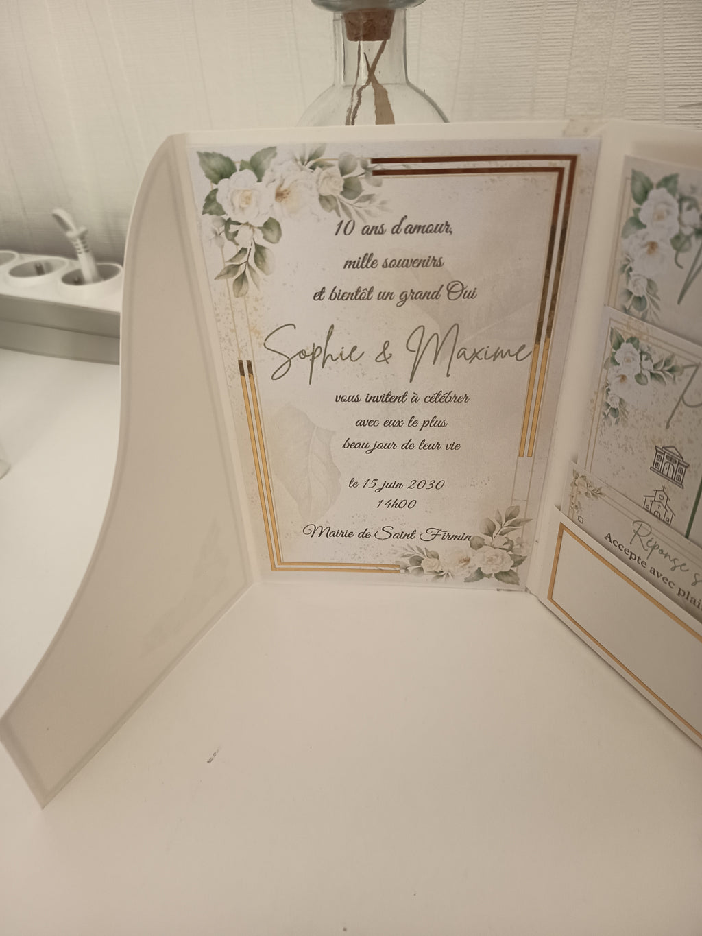 Faire-part Pochette 3 Volets "Romance Ivoire & Or" – Sur-mesure
