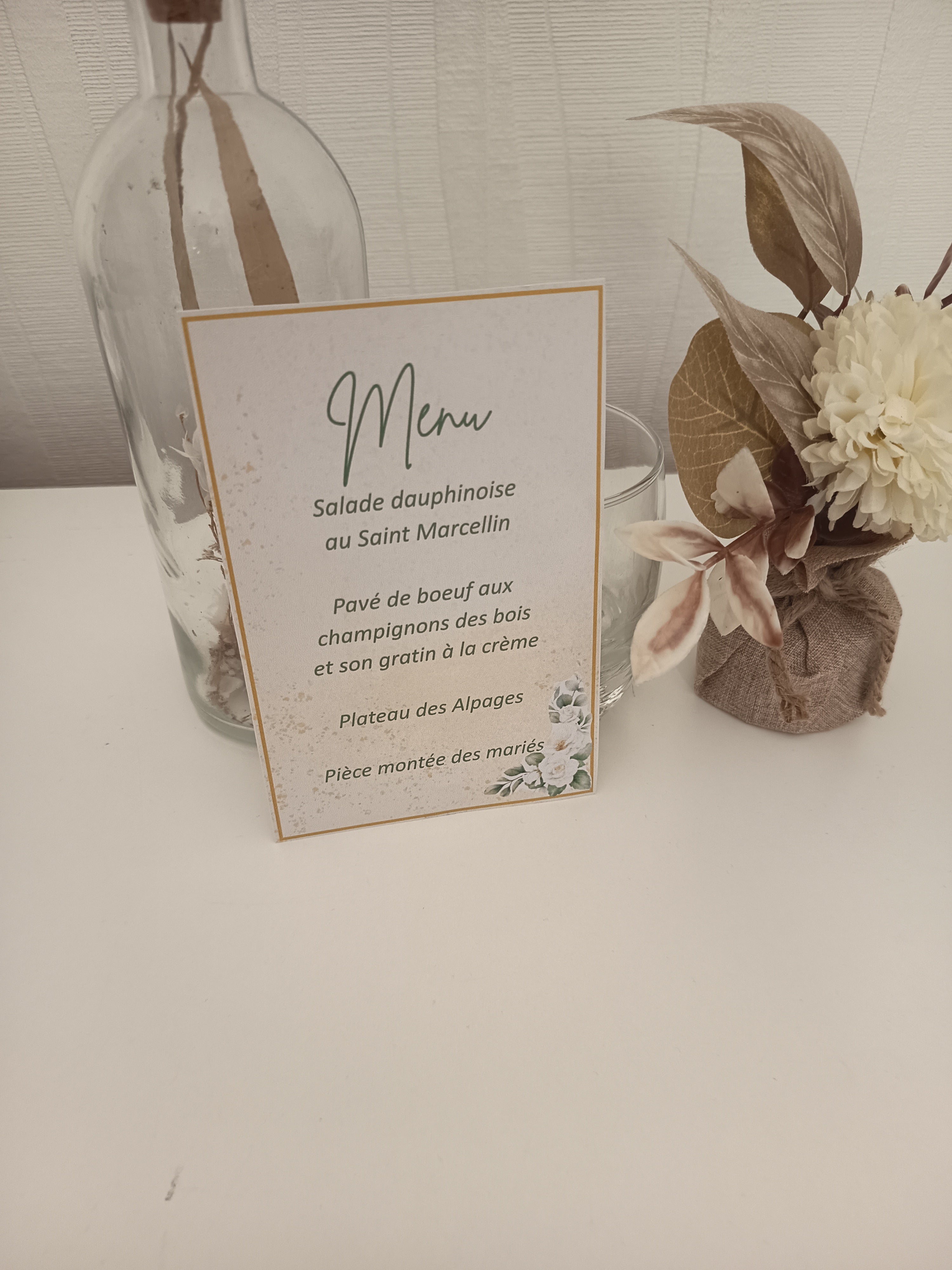 Menu de Mariage Individuel "Romance Botanique" – Ivoire & Or