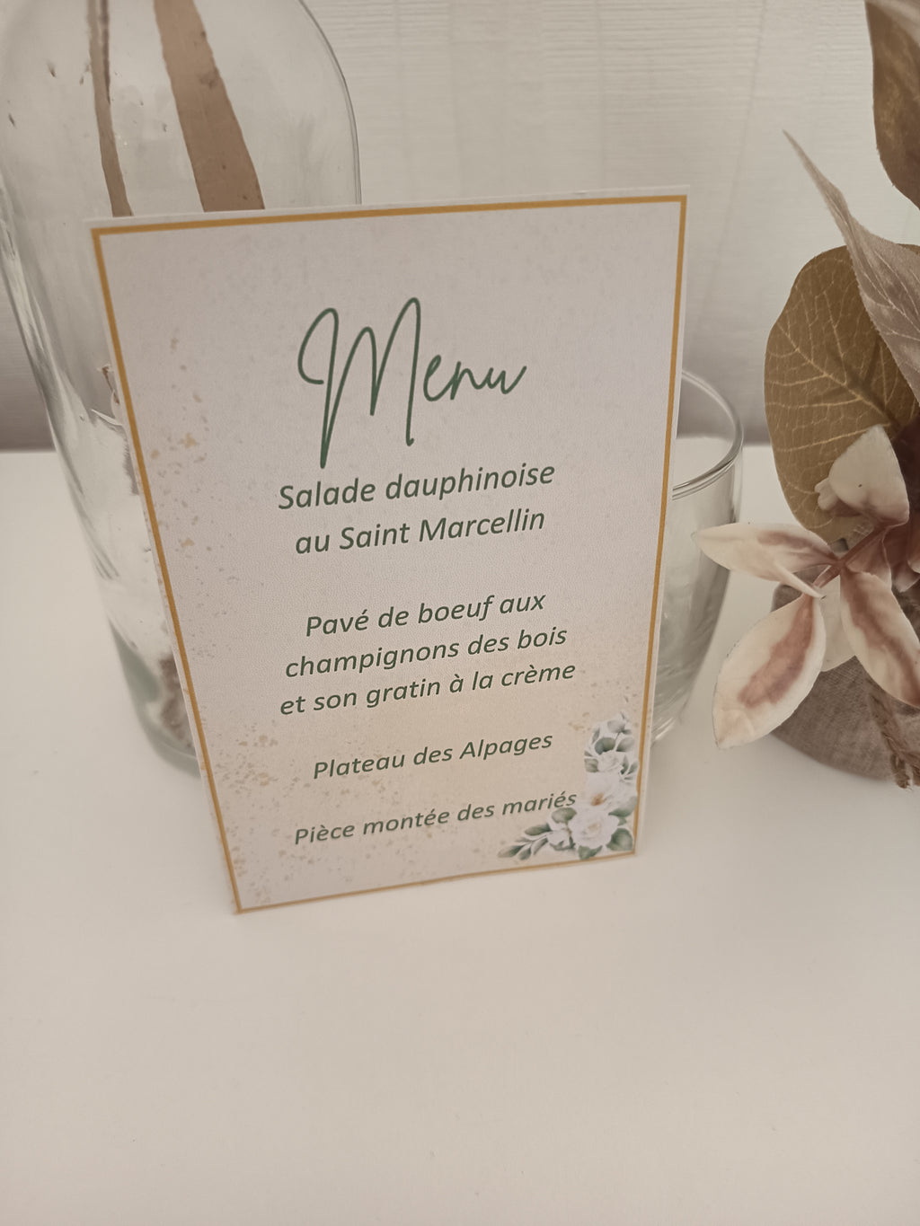 Menu de Mariage Individuel "Romance Botanique" – Ivoire & Or