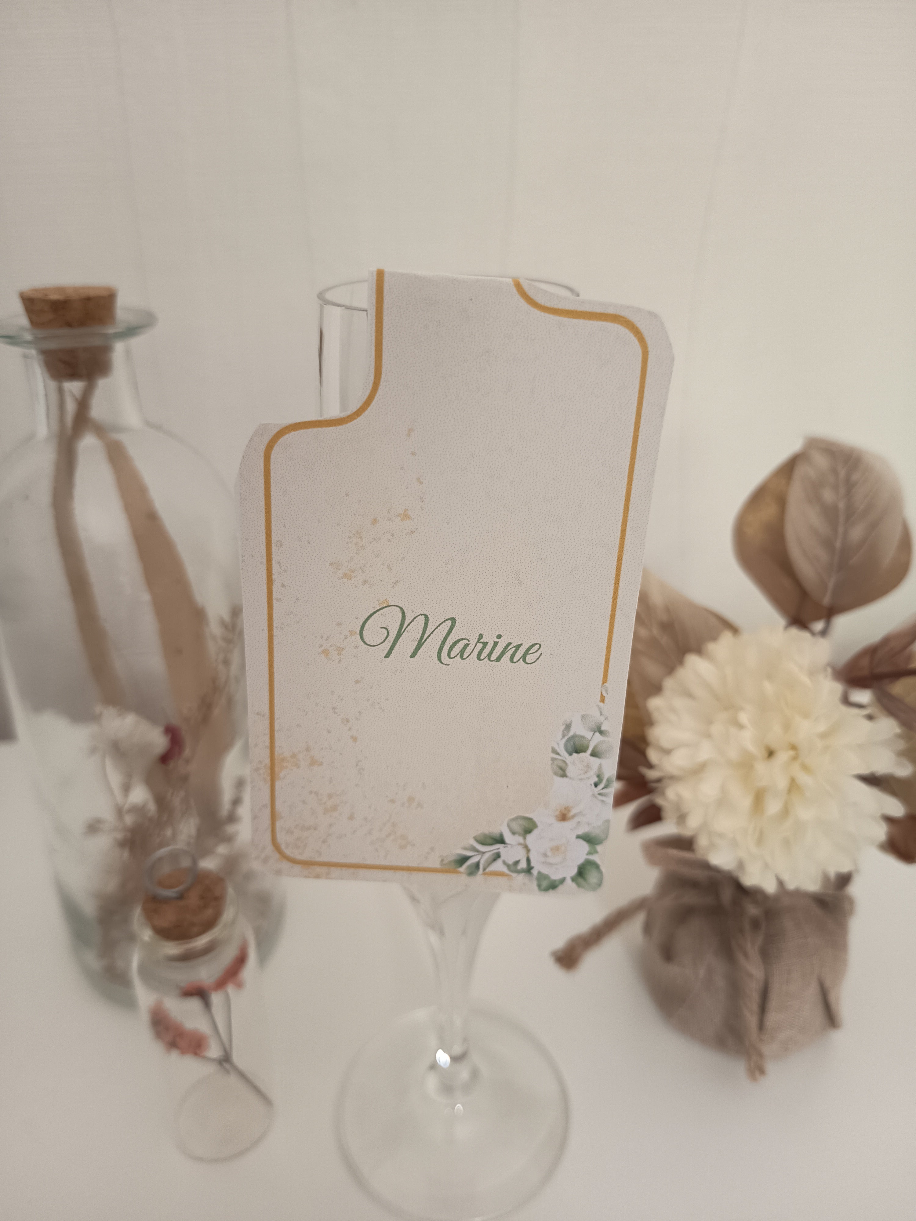 Marque-Place pour Verre "Romance Botanique" – Ivoire & Or